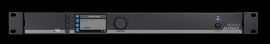 Audac media player and recorder device showcasing its design and features.