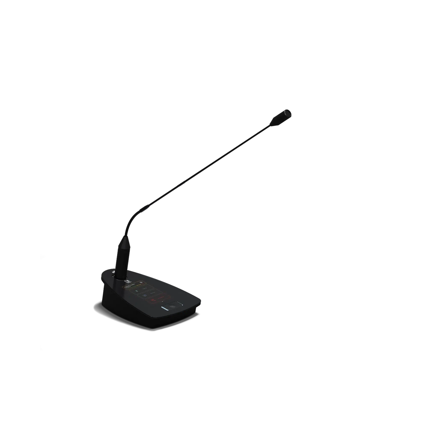 AUDAC NPM200 Dante/AES67 Paging Console featuring a touchscreen interface and phantom power capabilities.