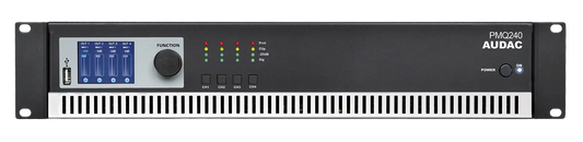 AUDAC PMQ240 WaveDynamics Quad-Channel Power Amplifier, featuring 4x240W Class-D technology, DSP, and an LCD display.