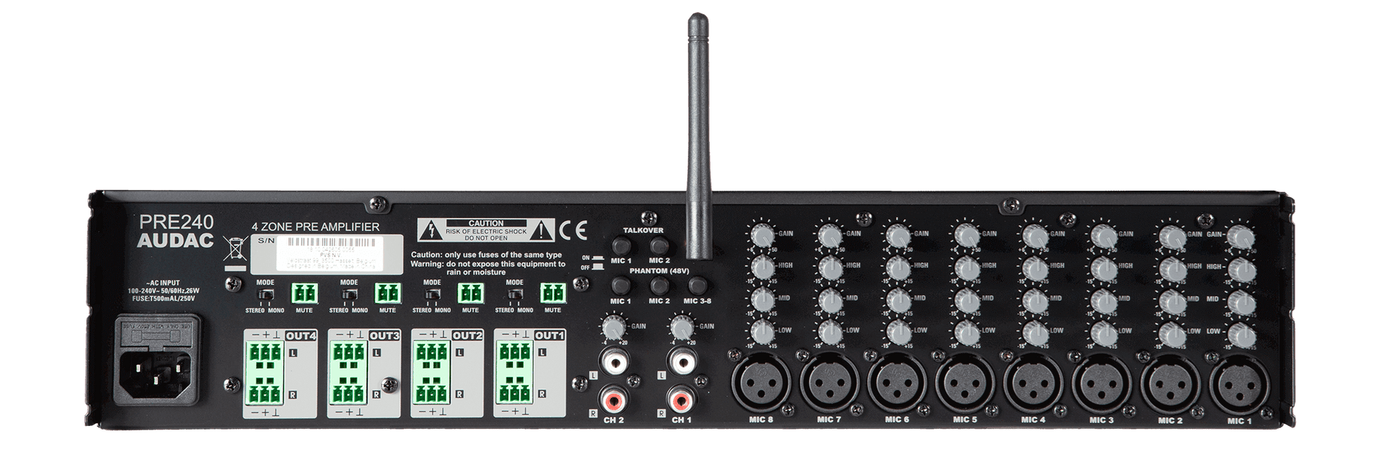 Back view of the AUDAC PRE240, a Four Zone 10 Channel Stereo Preamplifier featuring Bluetooth connectivity.