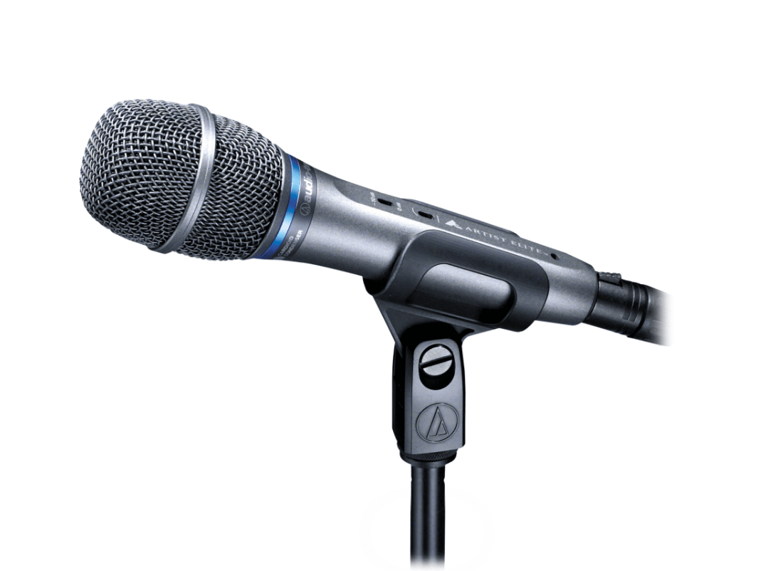 Audio-Technica AE5400 - Cardioid Condenser Vocal Microphone on a microphone stand