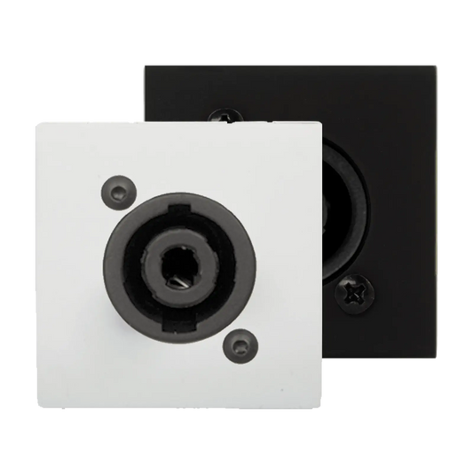 AUDAC D-Size Speaker connection plate in solderless black version, measuring 45 x 45 mm.