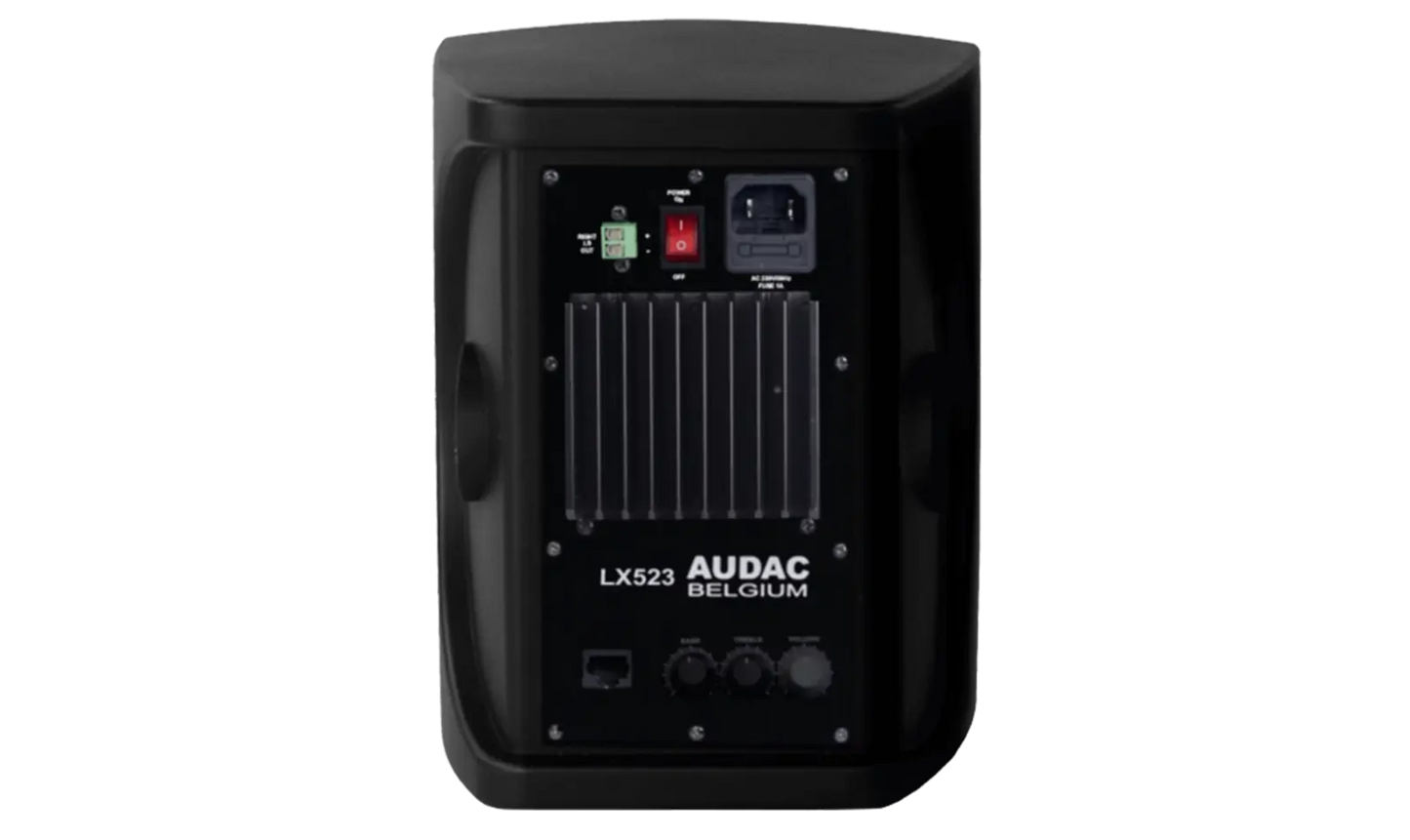 Back view of the AUDAC LX523 Active Speaker System in black, showcasing its remote input features.
