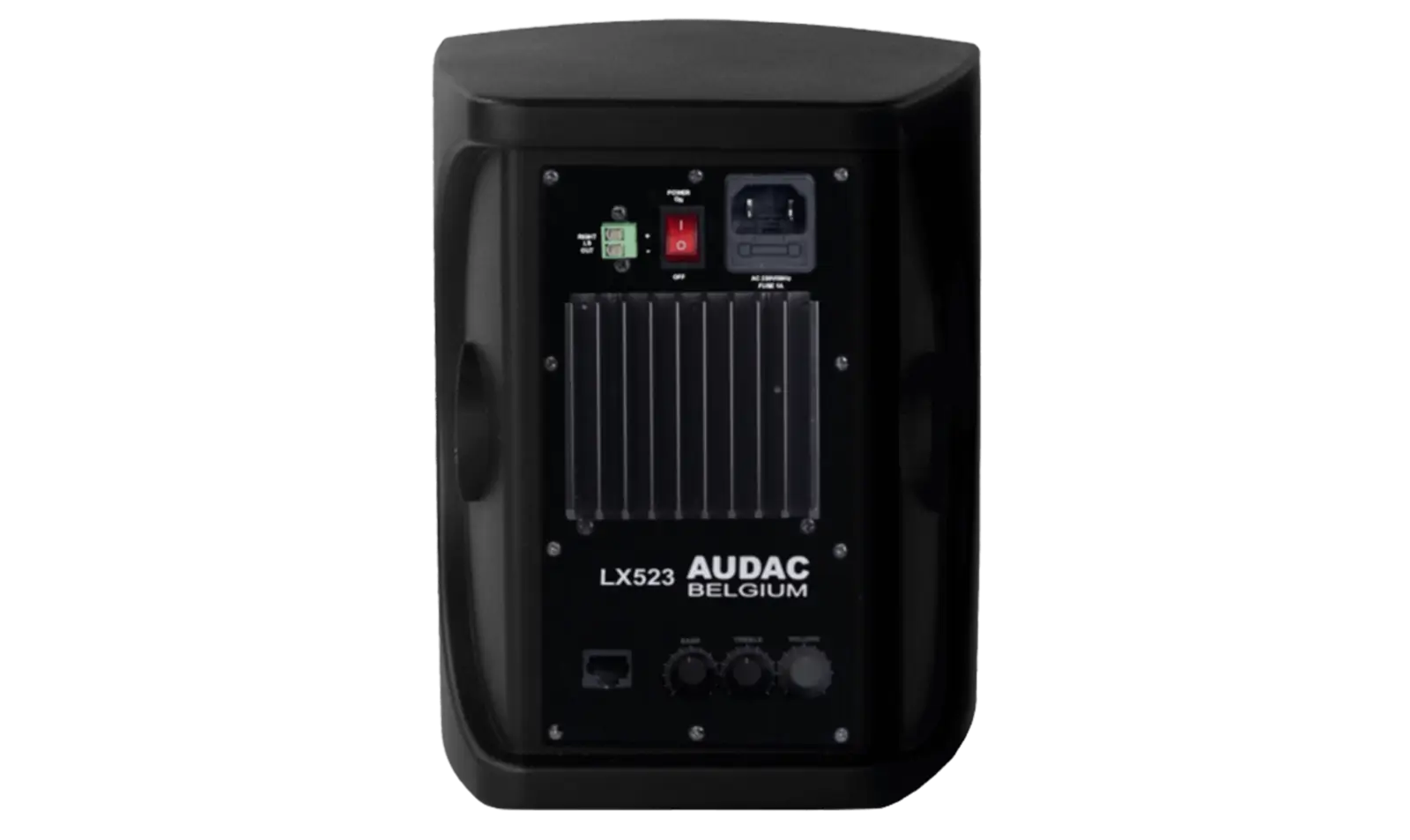 Back view of the AUDAC LX523 Active Speaker System in black, showcasing its remote input features.