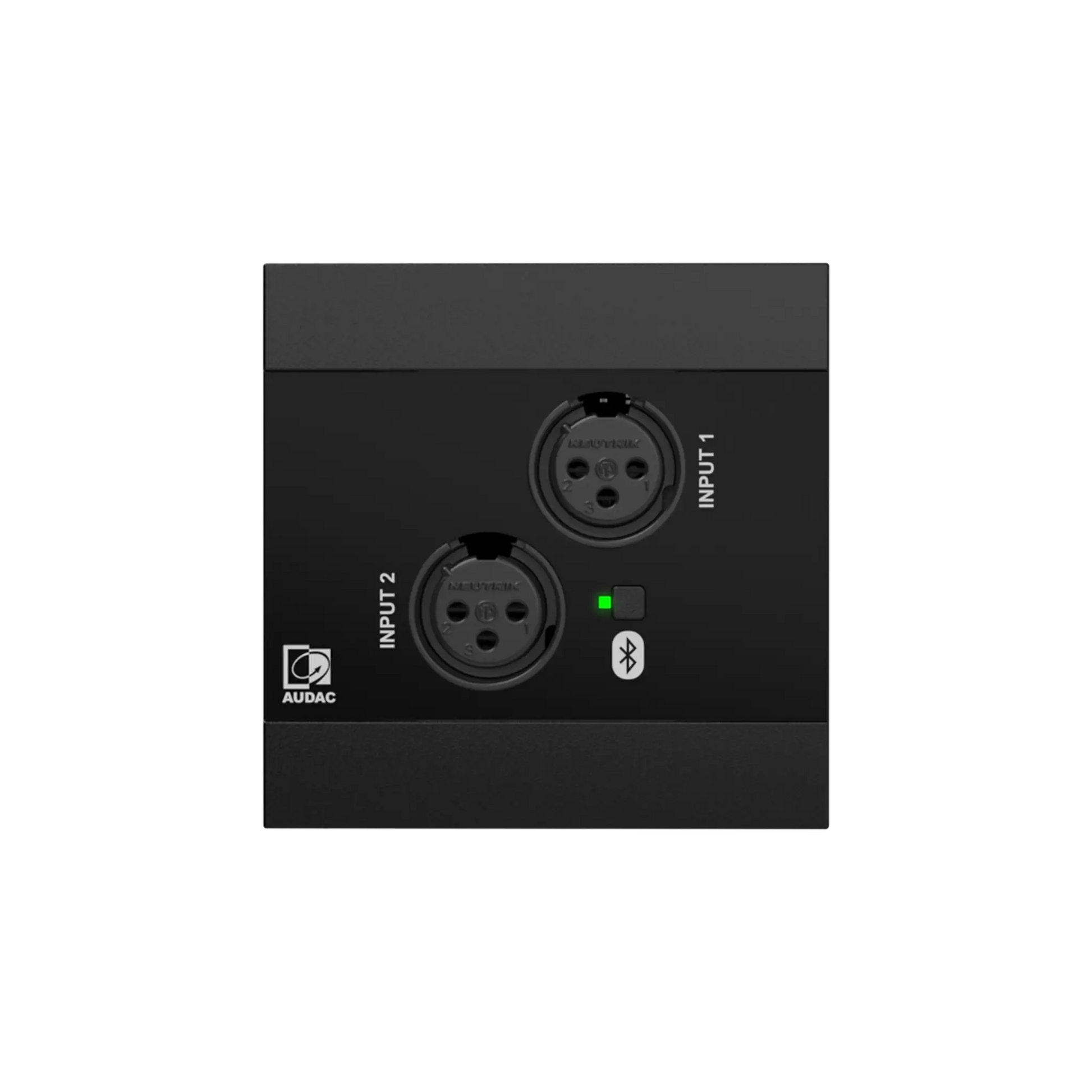 AUDAC NWP220 Network Input Panel featuring 2 XLR inputs and Bluetooth connectivity in a sleek black design.
