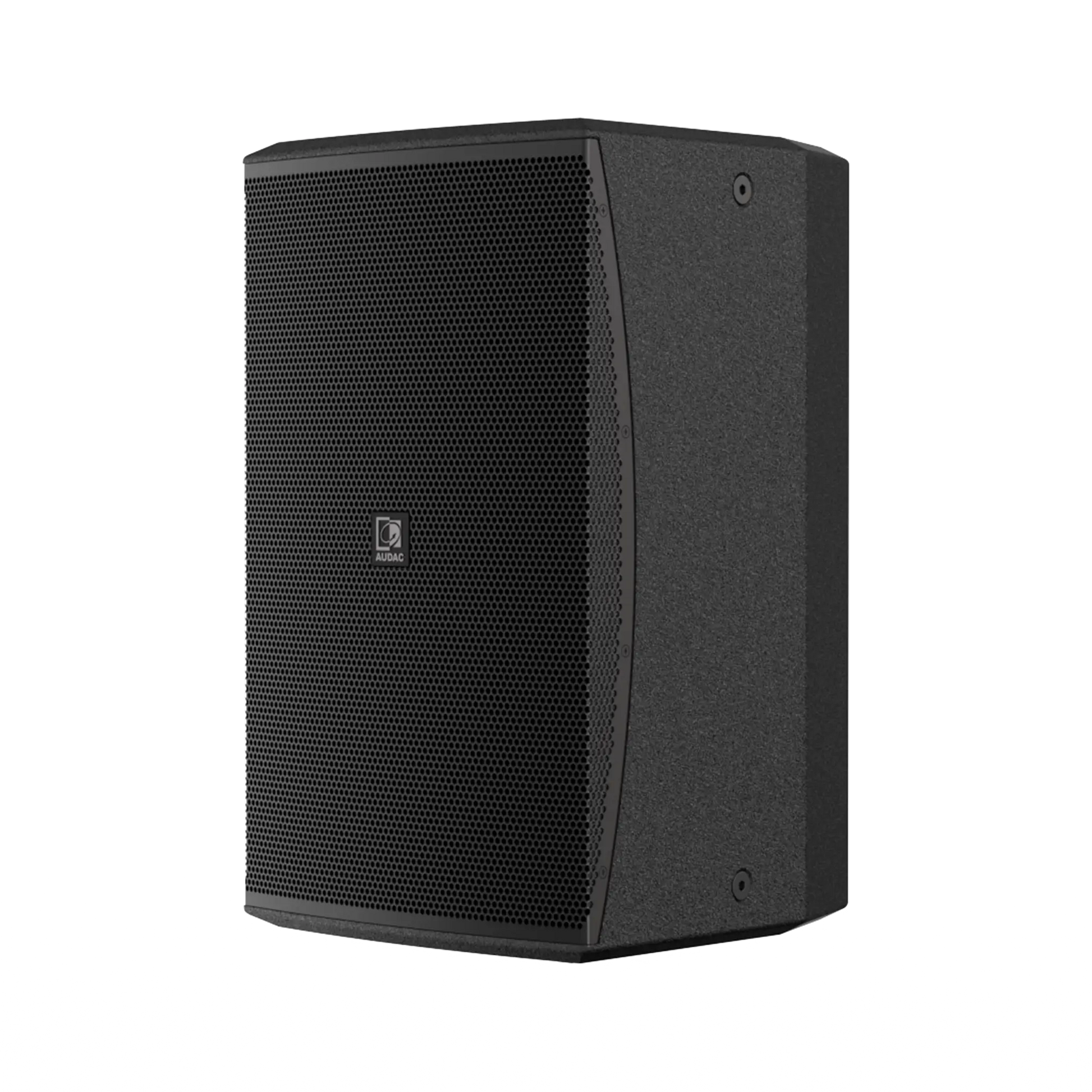 AUDAC VEXO110 10-inch high performance 2-way loudspeaker in black, showcasing its sleek design and professional audio capabilities.