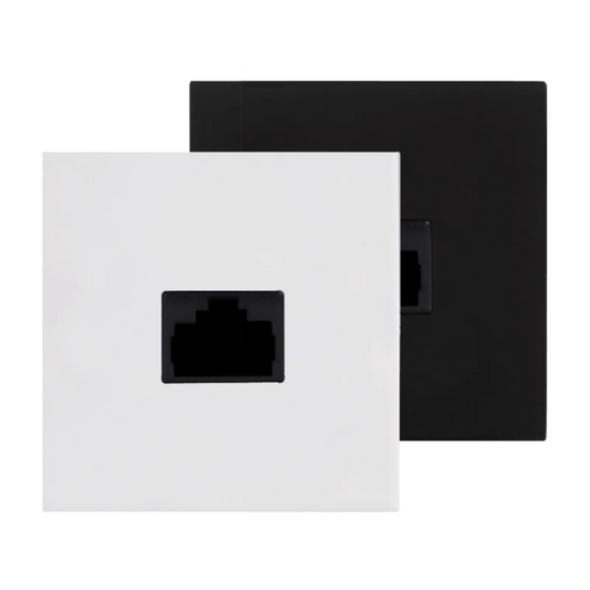 AUDAC Connection Plate RJ45 Repeater in black, 45 x 45 mm size, ideal for network connections.