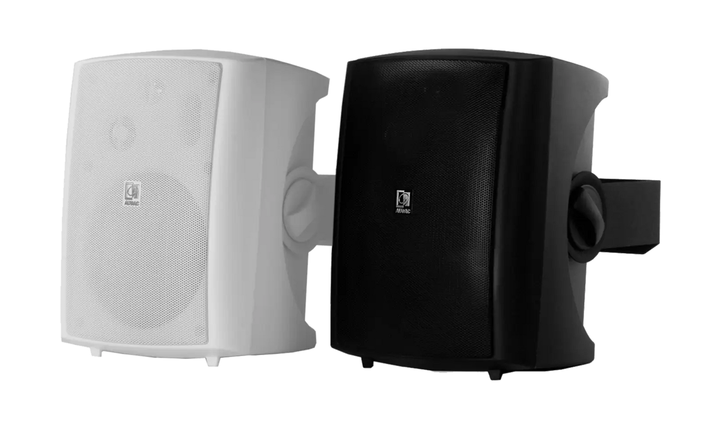 AUDAC LX523 Active Speaker System in black color with remote input, showcasing its sleek design and functionality.