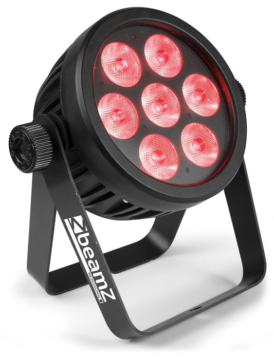 Angled view of the BAC500 Aluminum ProPar with 7x 14W 7-in-1 LEDs, RGBA-UV-CW/WW color mixing, and lightweight aluminum housing by beamZ Pro in Red 1.