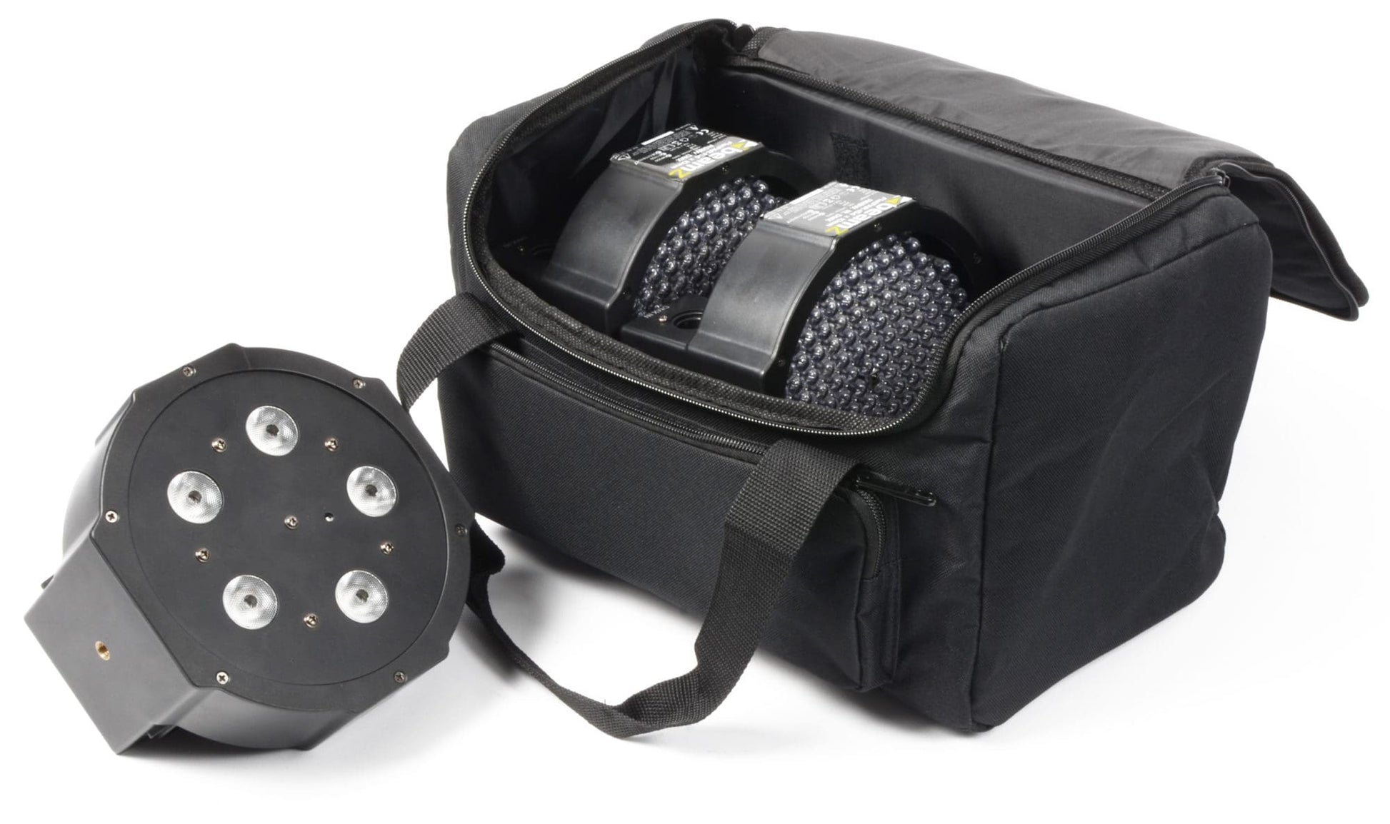 Top view of the open Padded BEAMZ AC-126 Soft Case for mobile lighting fixtures, featuring secure storage pockets and view windows. Ideal for DJs and bands.