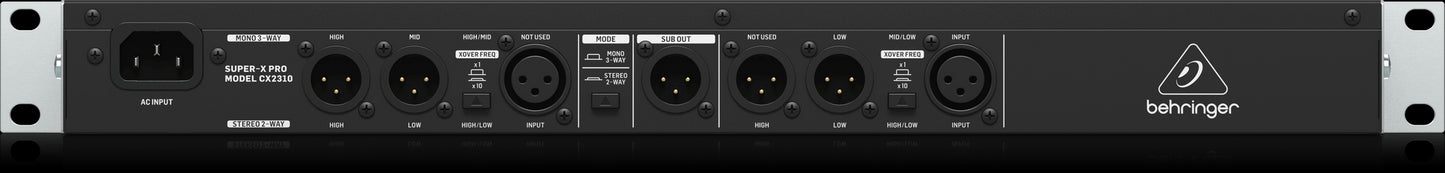 Rear view of the Behringer CX2310V2 Super-X Pro Crossover, showcasing its precise control features.