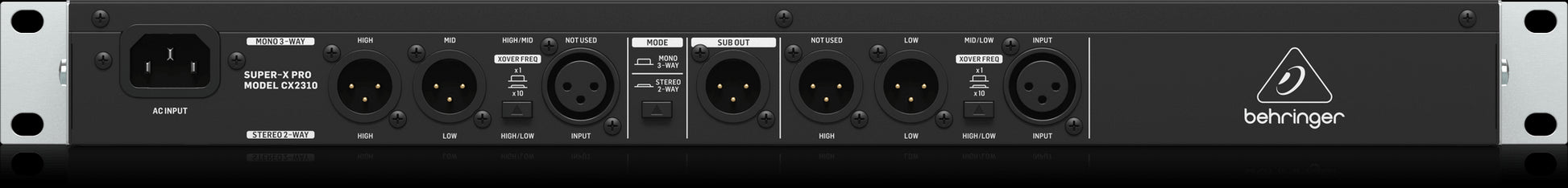 Rear view of the Behringer CX2310V2 Super-X Pro Crossover, showcasing its precise control features.