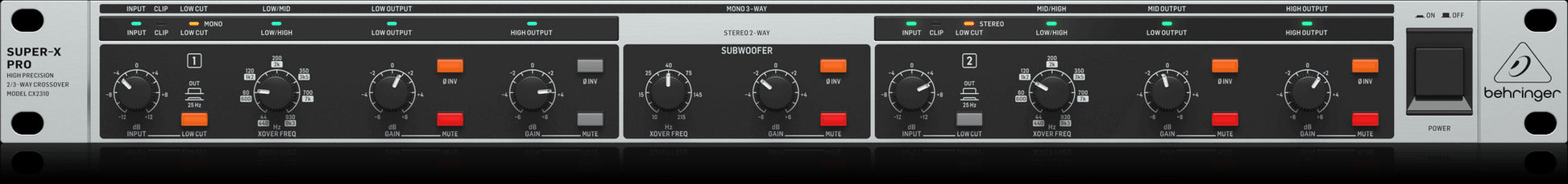 Behringer CX2310V2 Super-X Pro Crossover showing the front view with precise control features.