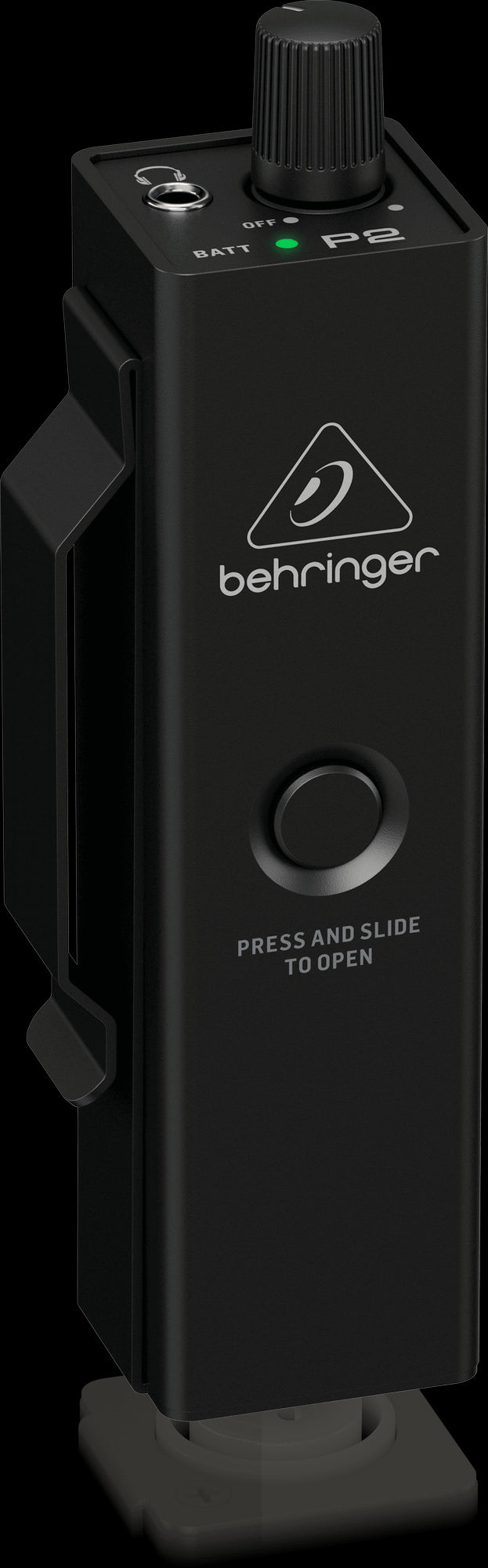 Behringer P2 Ultra-Compact Personal In-Ear Monitor Amplifier, showing the left side of the device.