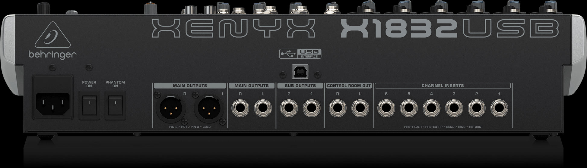 Rear view of the Behringer QX1832USB 18-Input Mixer with USB Audio Interface, showcasing its connectivity options and design.