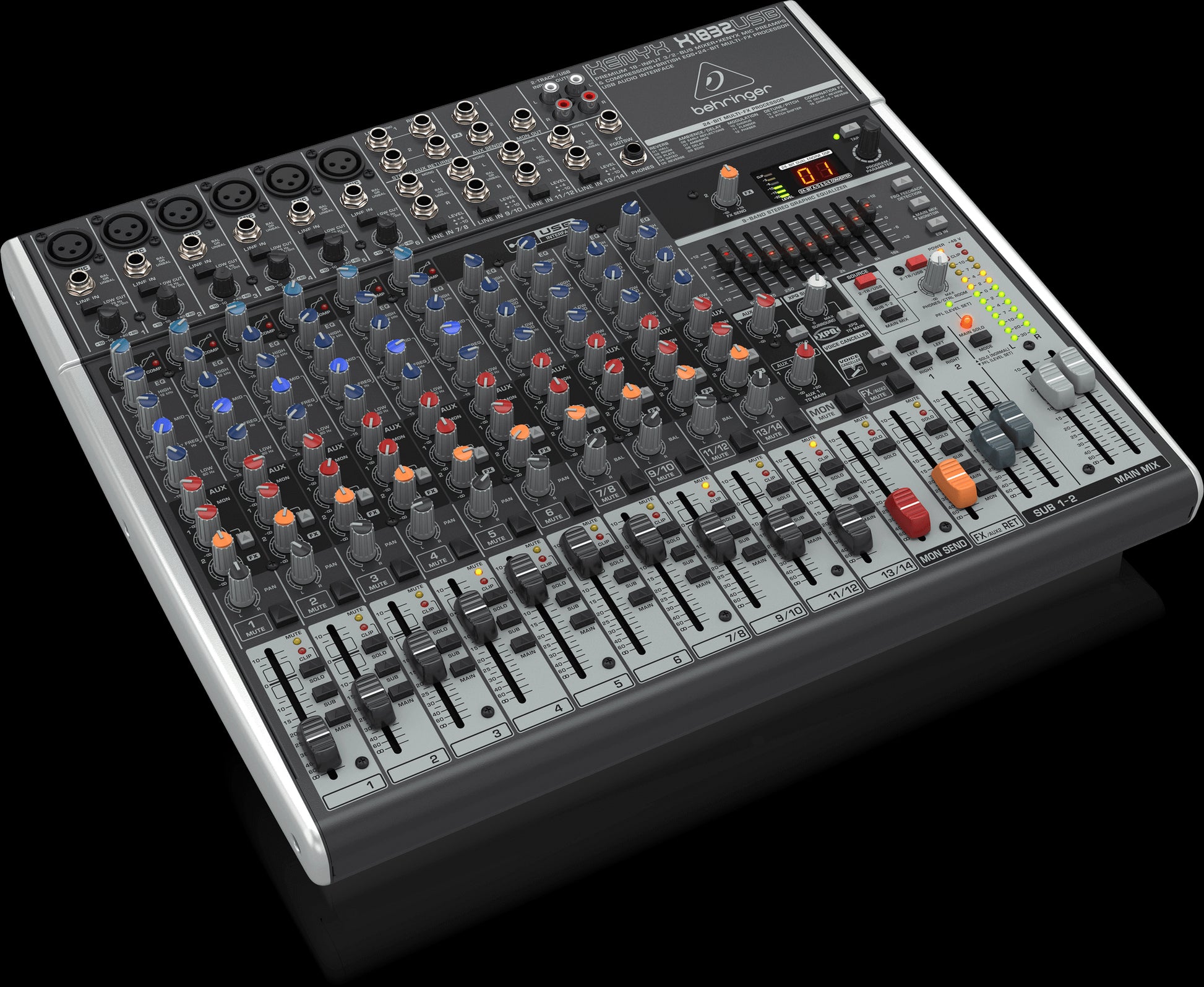 Behringer QX1832USB 18-Input Mixer with USB Audio Interface and FX, shown from the left side.