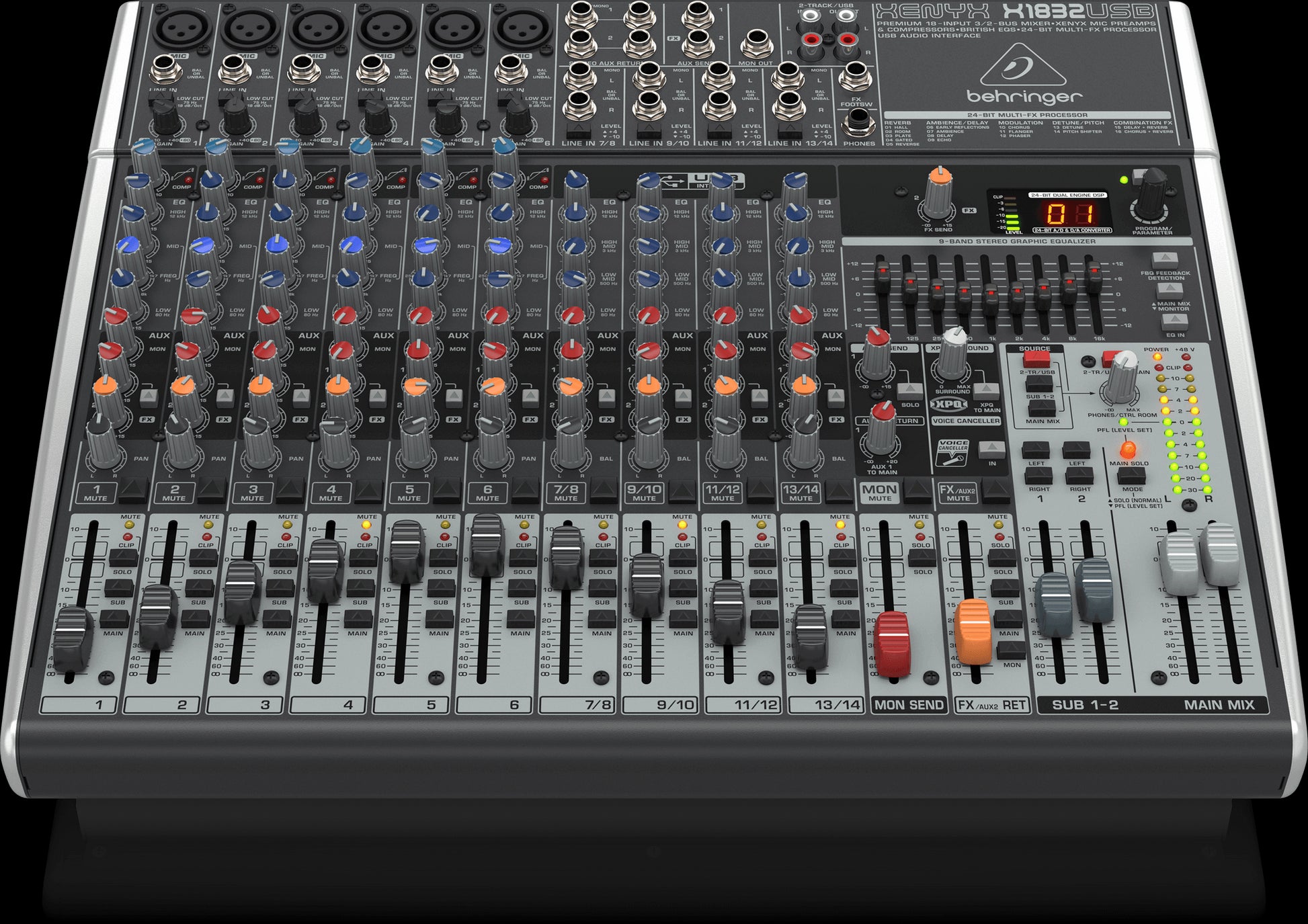 Behringer QX1832USB 18-Input Mixer with USB Audio Interface and FX features, top and front view.