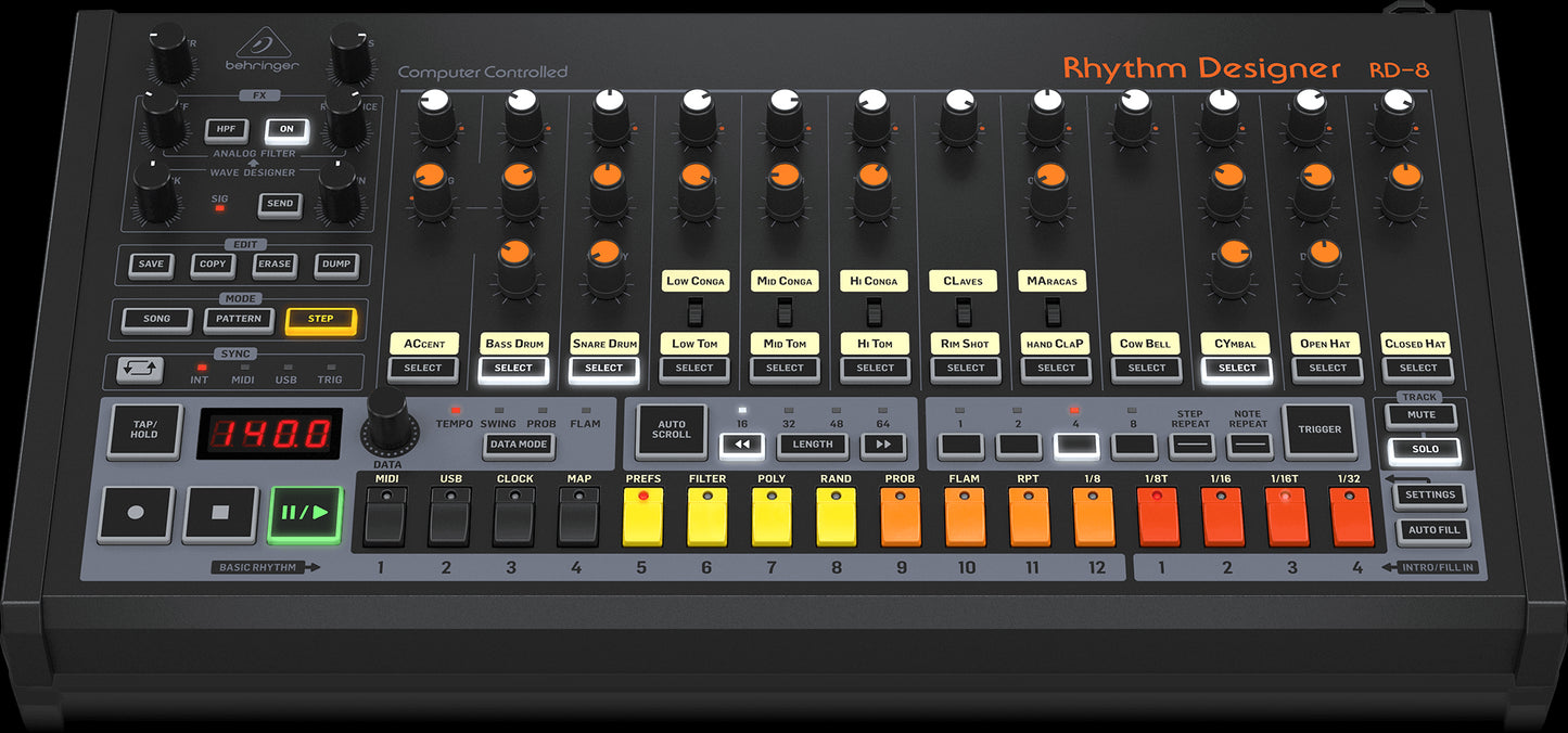 Behringer RD-8 MkII Rhythm Designer Analog Drum Machine - top front view