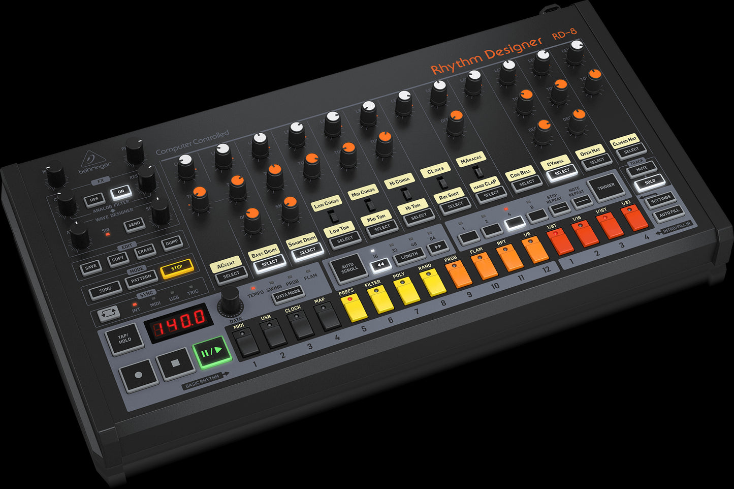 Behringer RD-8 MkII Rhythm Designer Analog Drum Machine with a left-side view