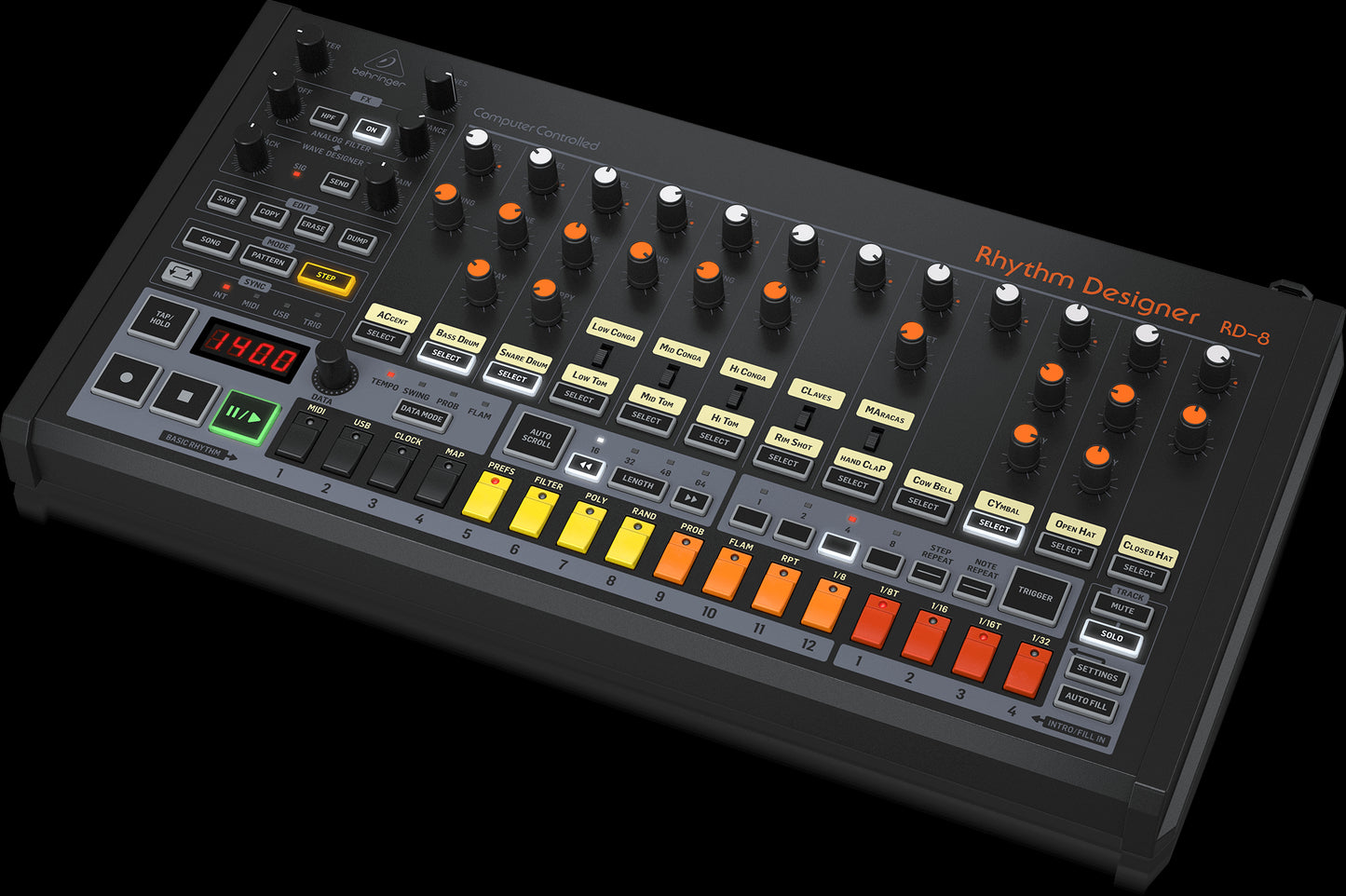 Behringer RD-8 MkII Rhythm Designer Analog Drum Machine displayed from the right side.