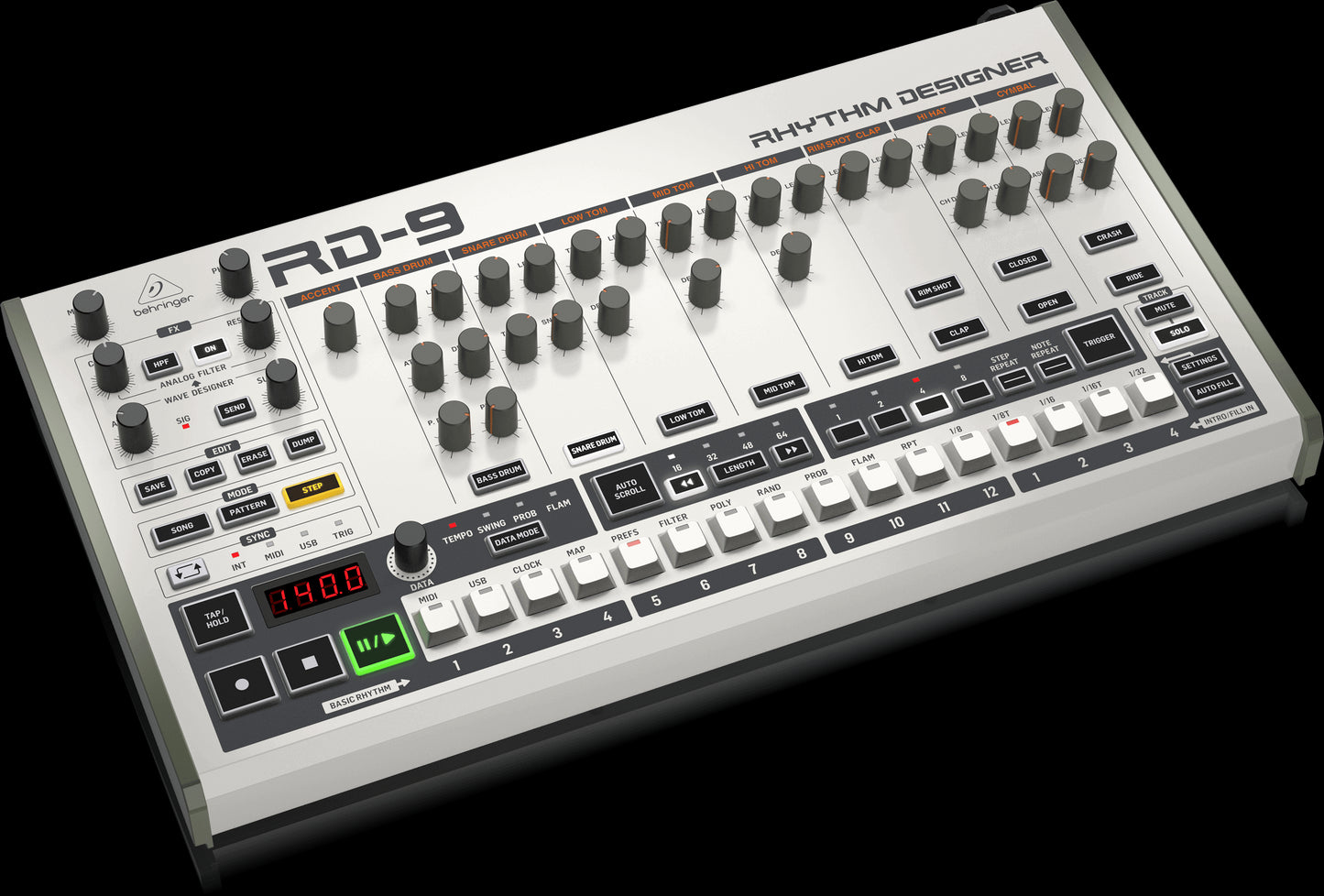 Behringer RD-9 Rhythm Designer Drum Machine shown from the left side.