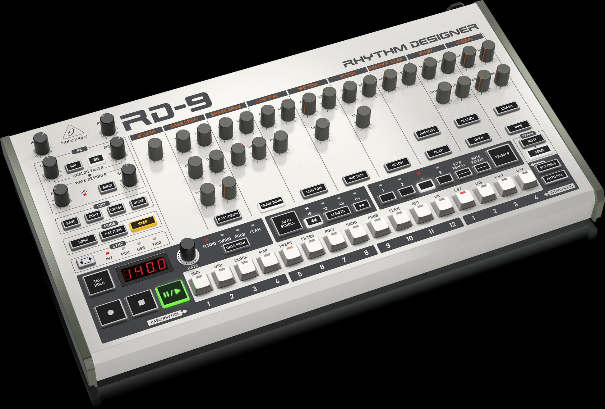Behringer RD-9 Rhythm Designer Drum Machine shown from the left side.