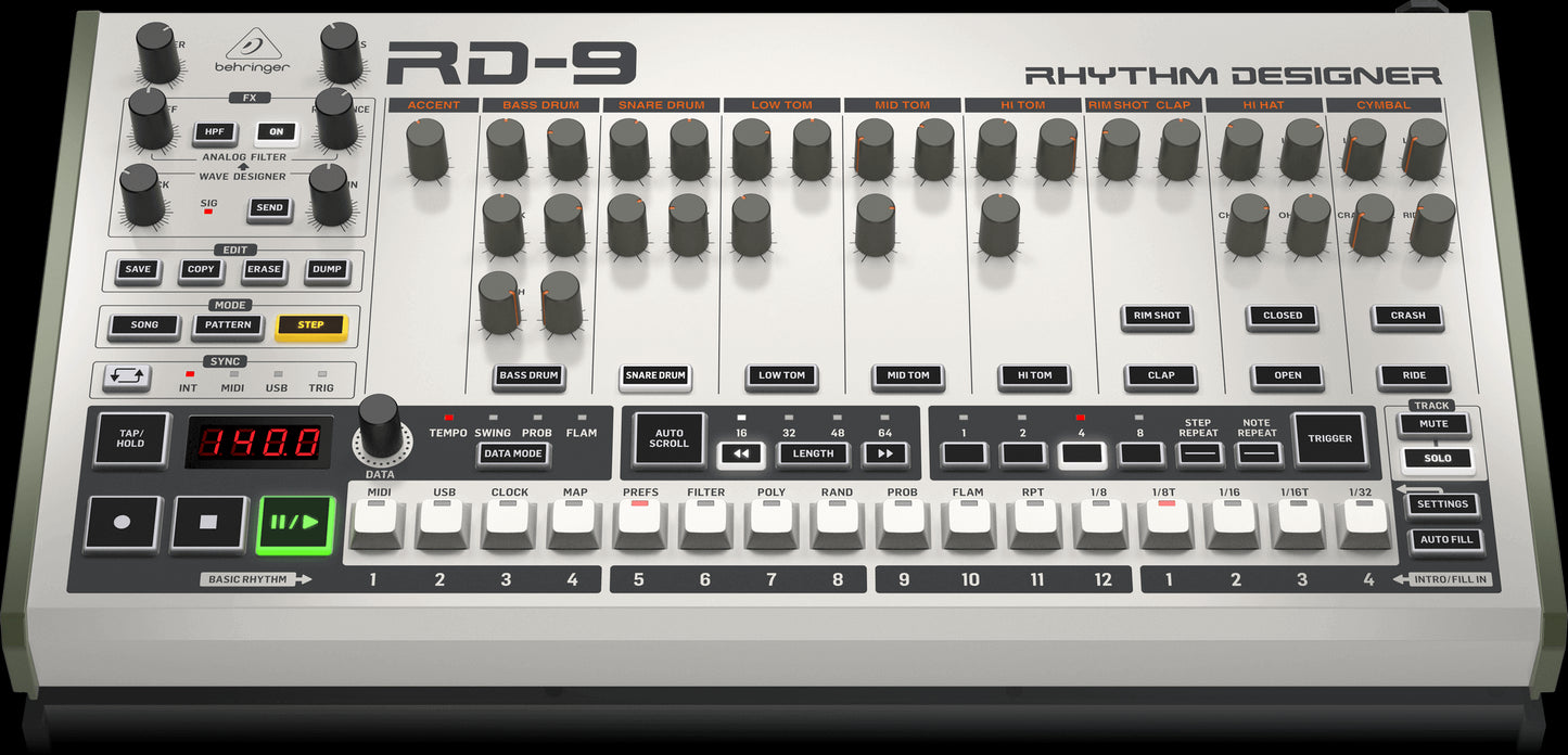 Behringer RD-9 Rhythm Designer Drum Machine showing the top and front view.