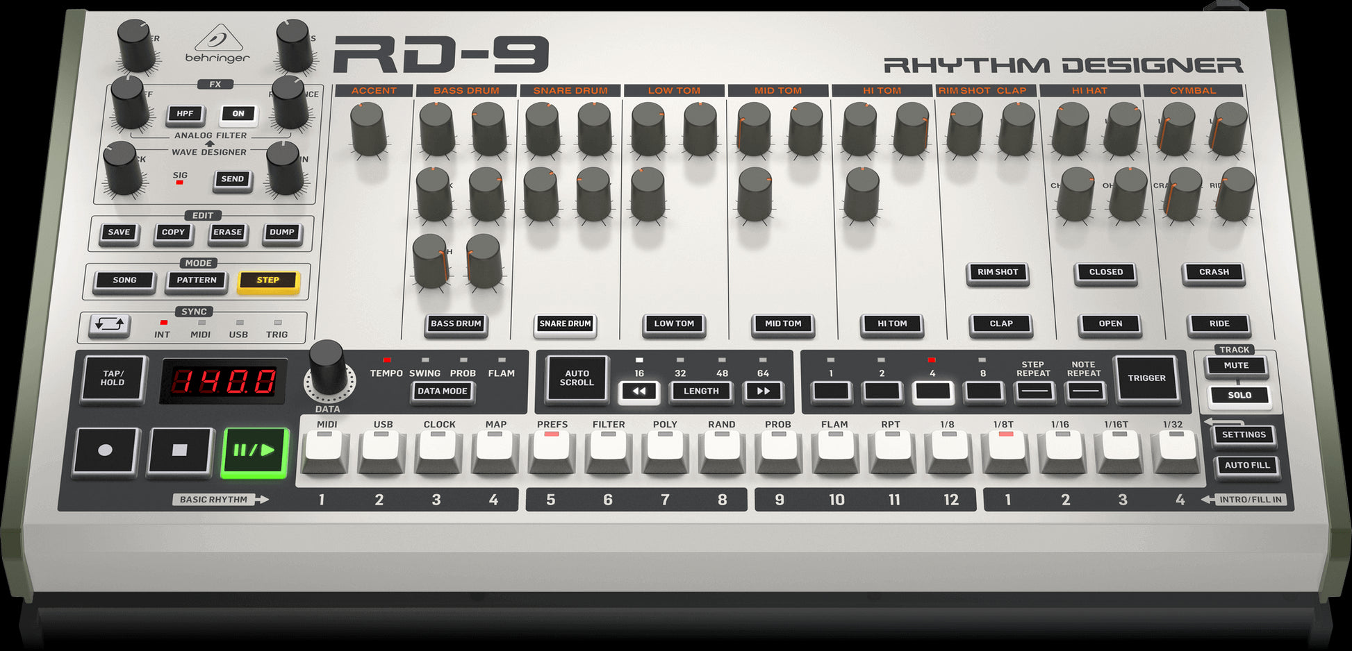 Behringer RD-9 Rhythm Designer Drum Machine showing the top and front view.