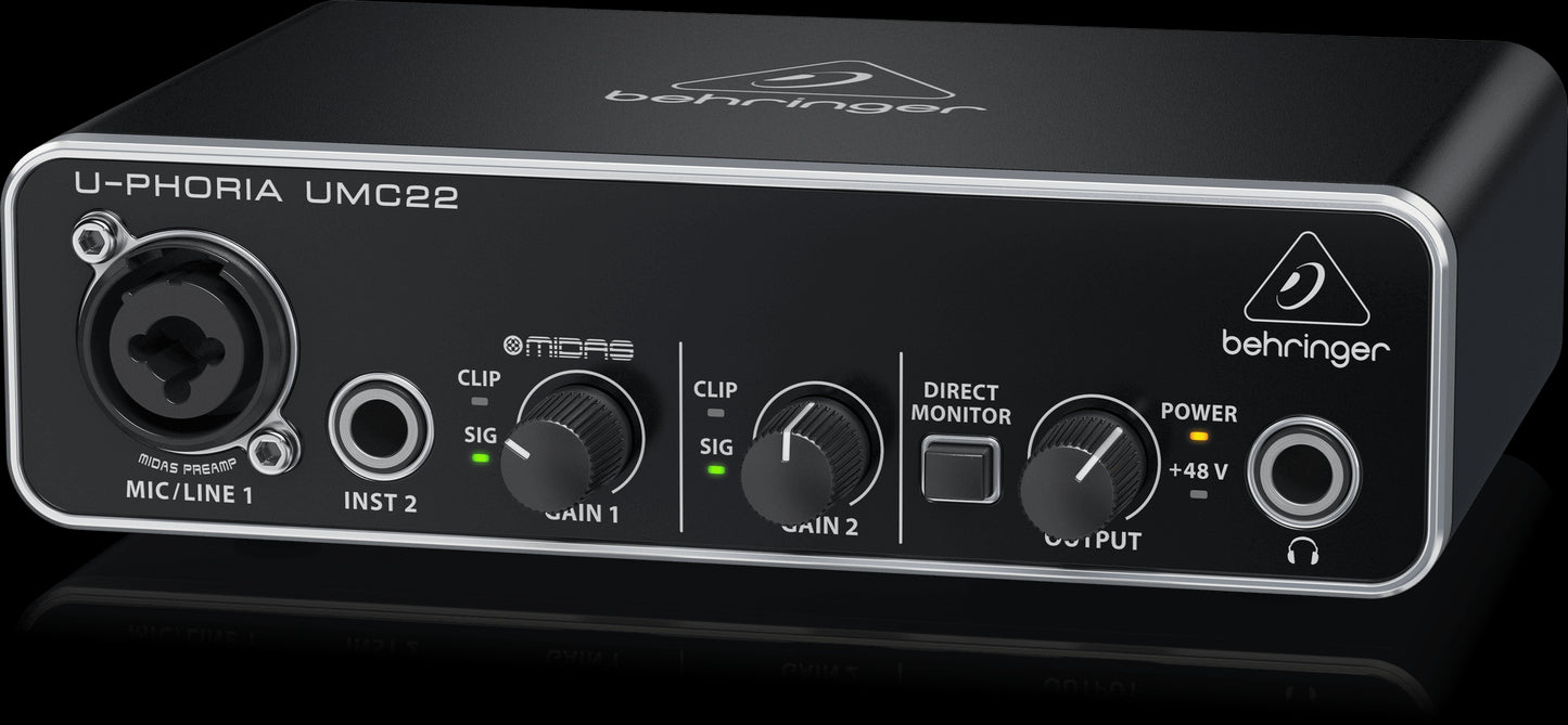 Behringer U-Phoria UMC22 USB audio interface with mic preamp, showing the right side view of the device.