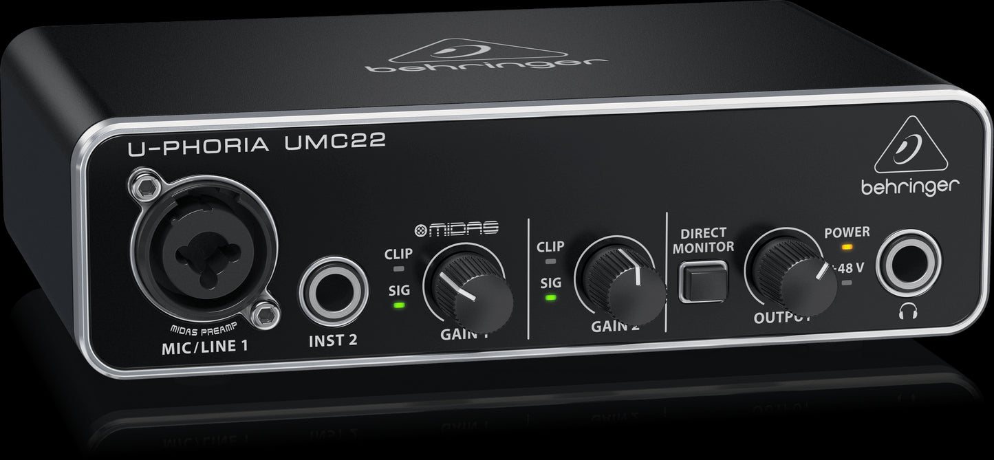 Left view of the Behringer U-Phoria UMC22 2x2 USB Audio Interface with Mic Preamp.