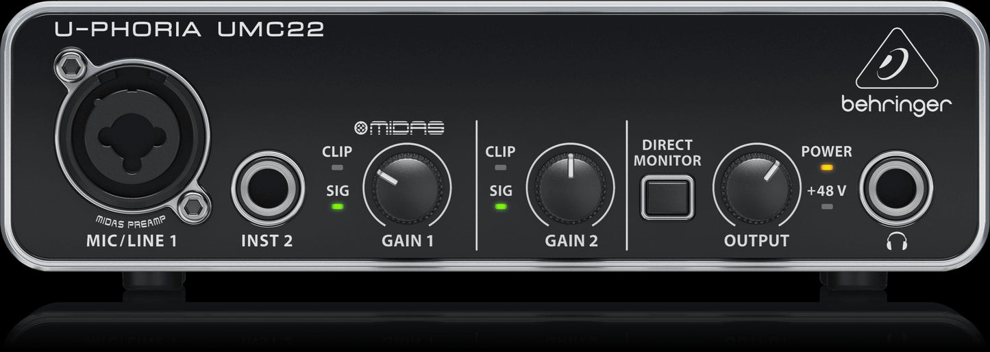 Behringer U-Phoria UMC22 2x2 USB Audio Interface with Mic Preamp, front view.