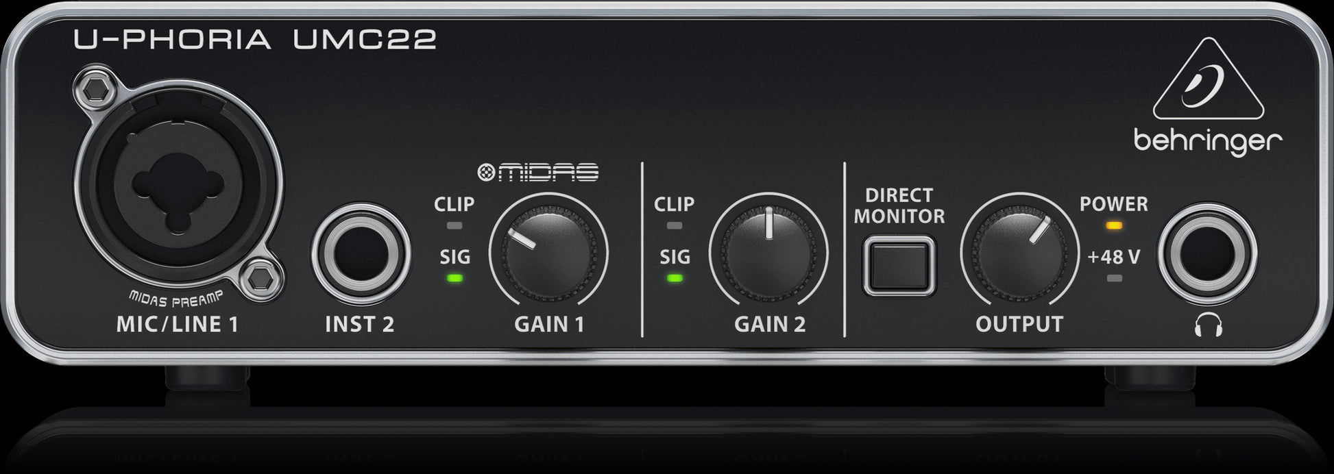 Behringer U-Phoria UMC22 2x2 USB Audio Interface with Mic Preamp, front view.