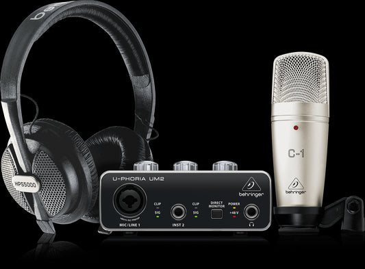 Front view of the Behringer Uphoria Studio Bundle showing the audio interface and accessories.