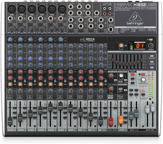 Behringer Xenyx X1832USB Mixer with multiple input channels and USB interface.
