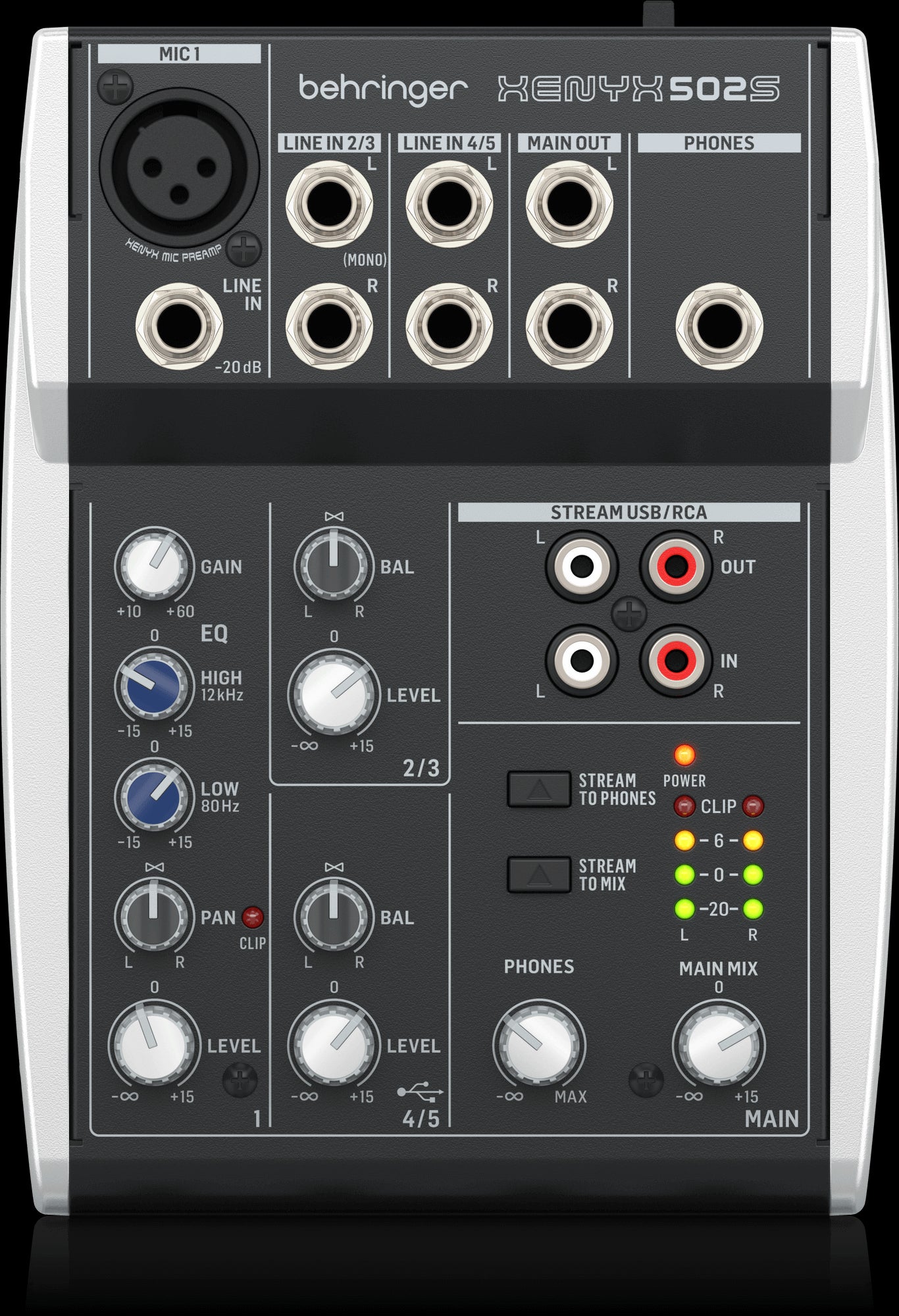 Top view of the Behringer Xenyx 502 5-Input 2-Bus Analog Mixer showcasing its British EQ features.