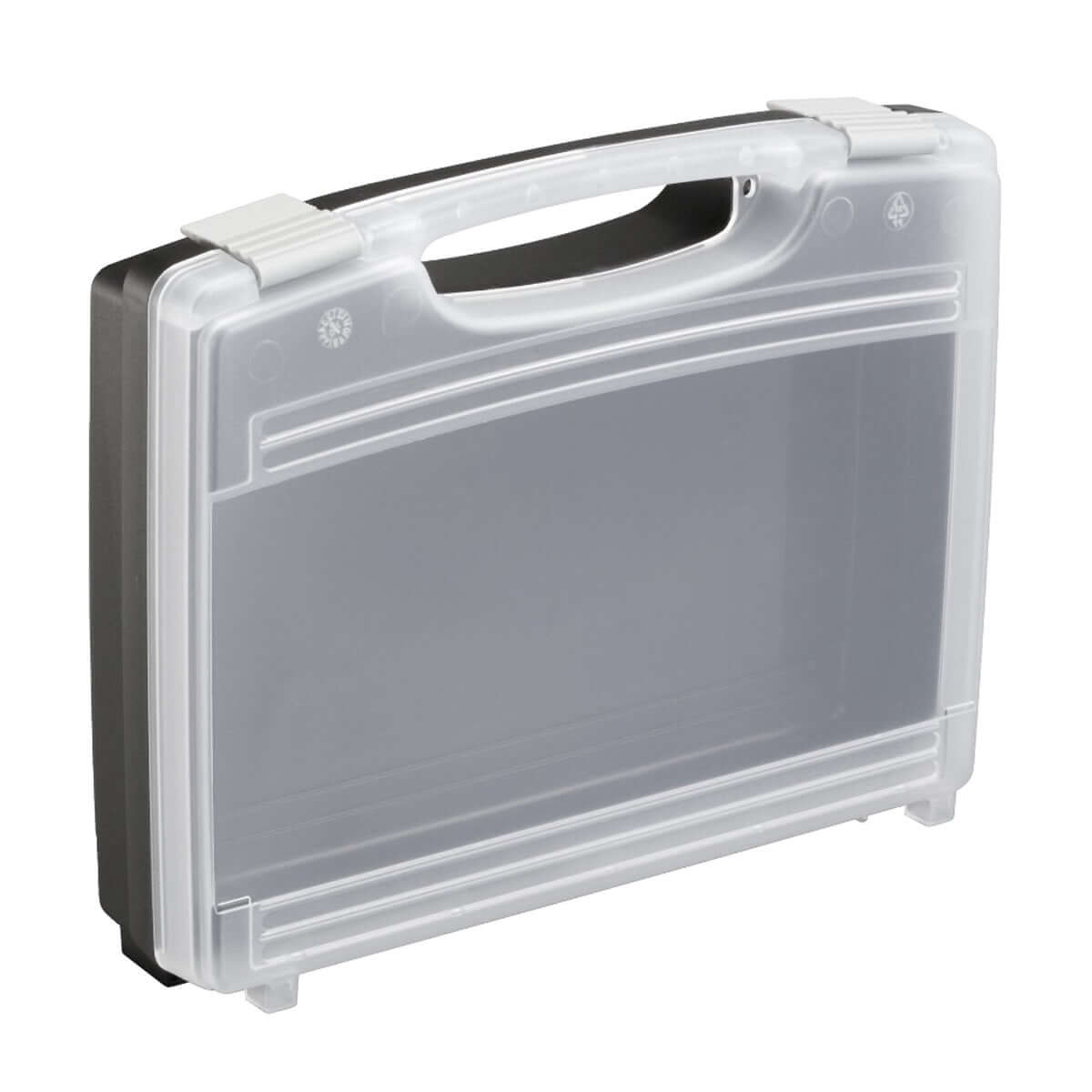 Transparent and black polypropylene carry case, empty, measuring 260x210x60mm.
