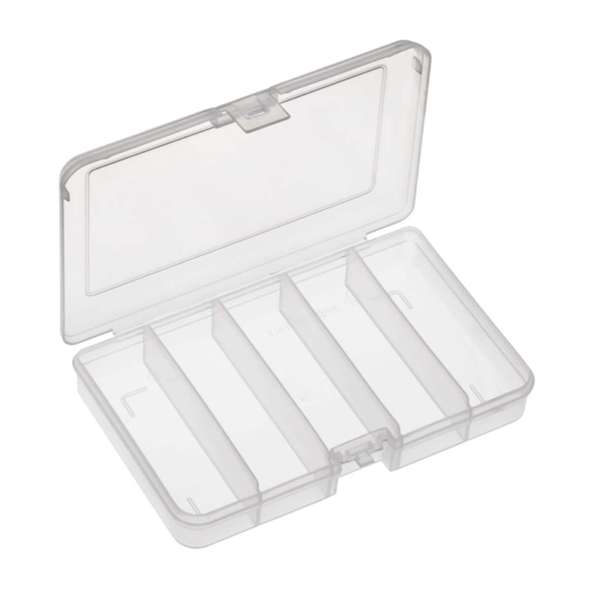 Transparent polypropylene organiser box with five compartments, ideal for storing small parts.