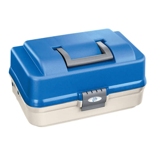 SP PAN 149 White and Blue Polypropylene Tackle Box featuring three shelves and nineteen compartments, ideal for organizing fishing tackle.