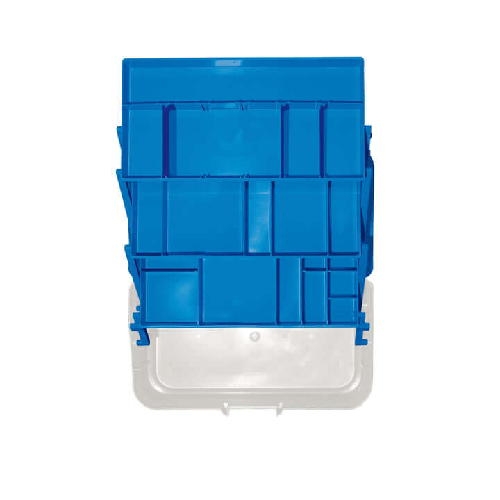 Interior view of the SP PAN 149 White/Blue Polypropylene Tackle Box showcasing its 3 shelves and 19 compartments.
