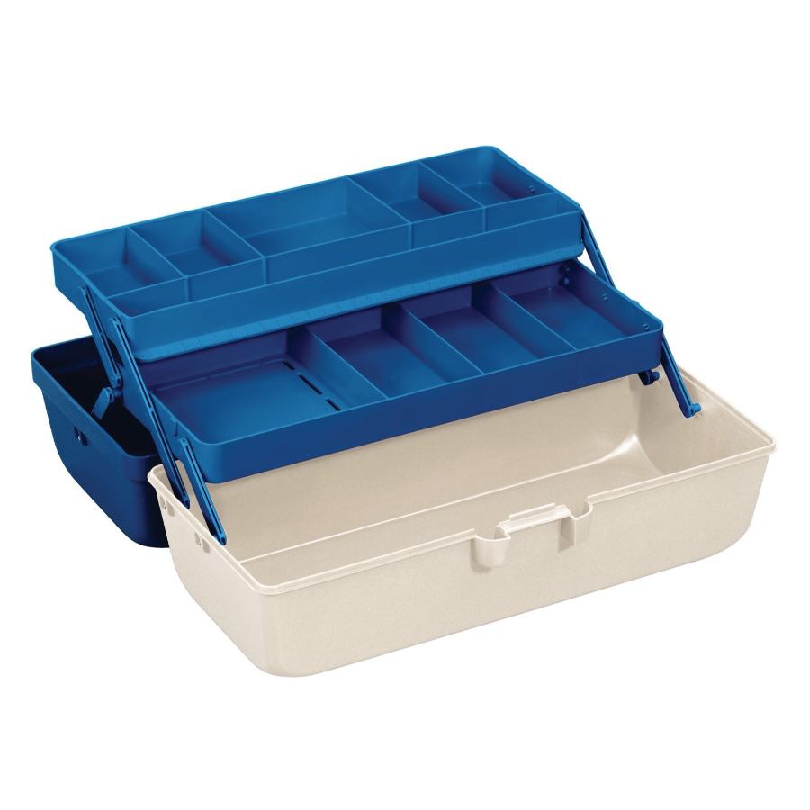 SP PAN 118/2 White/Blue Polypropylene Tackle Box featuring 2 shelves and 9 compartments.