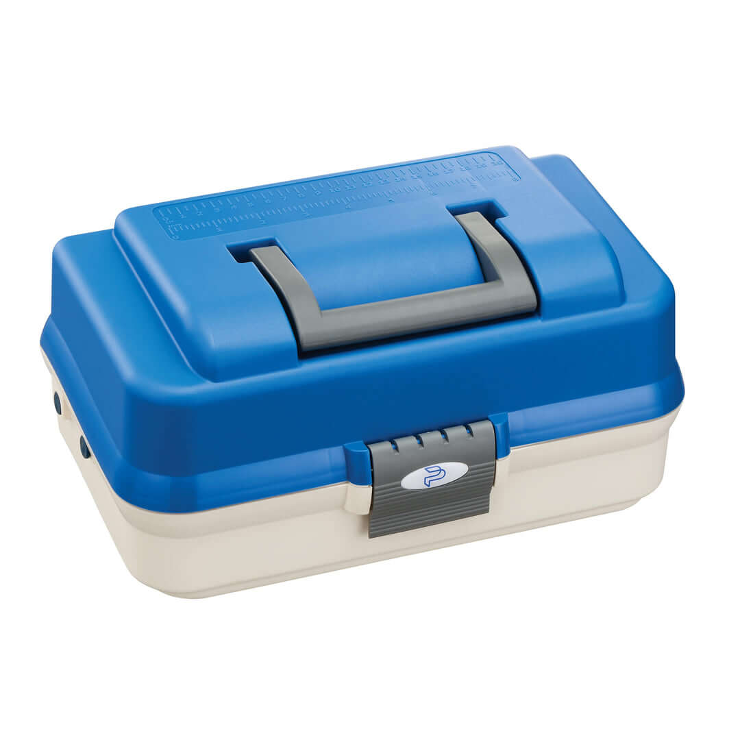 SP PAN 143 white and blue polypropylene tackle box featuring two shelves and nine compartments, ideal for organizing fishing gear.