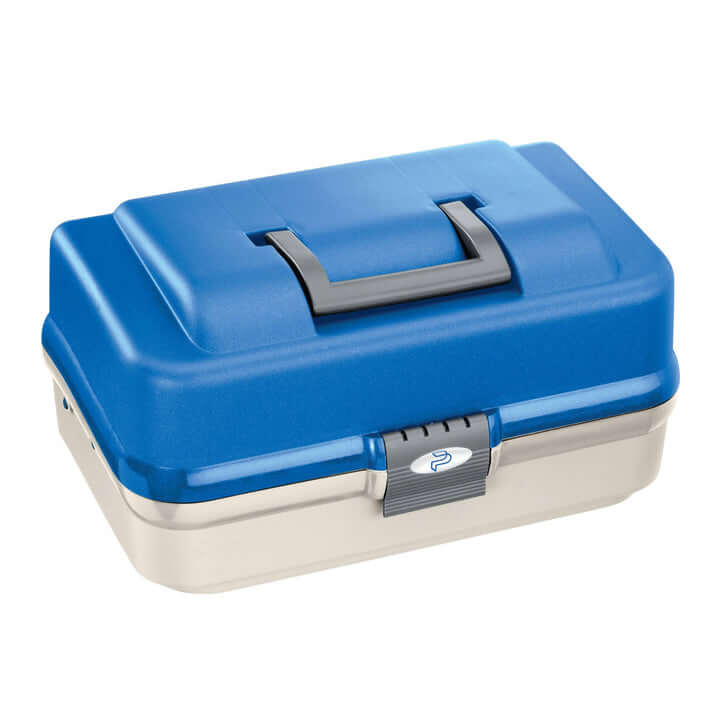 SP PAN 145 White/Blue Polypropylene Tackle Box with 3 Shelves, showcasing its exterior design and spacious storage capacity.