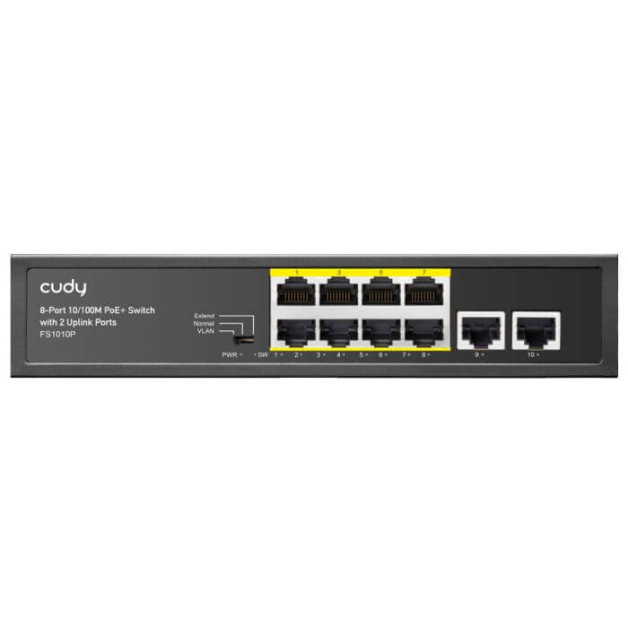 Cudy FS1010P 10-Port 8 PoE Fast Ethernet Switch with 115W power output, showcasing its design and ports.