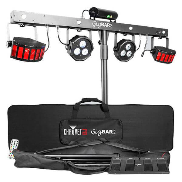 Chauvet DJ GigBAR 2, a 4-in-1 Pack-and-Go lighting system featuring UV wash, derbies, pars, laser, and strobe effects.