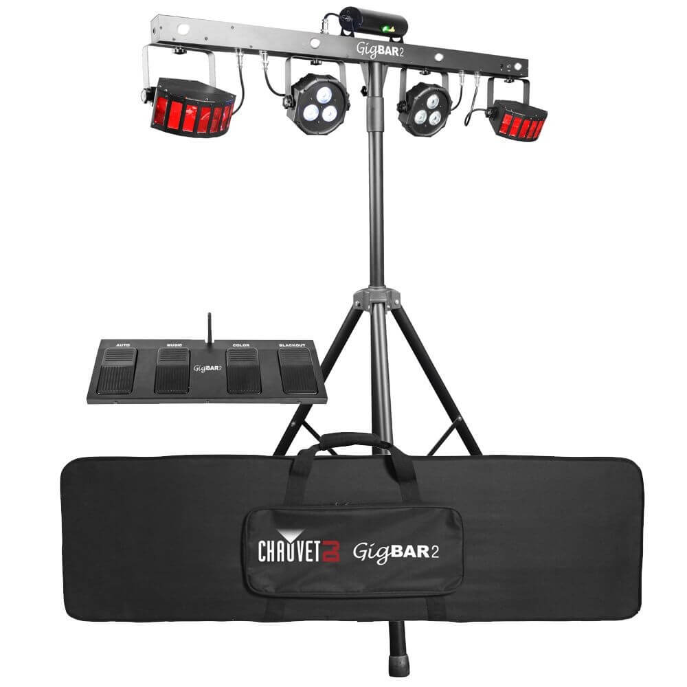 Chauvet DJ GigBAR 2 lighting system showcasing UV wash, derbies, pars, laser, and strobe features.