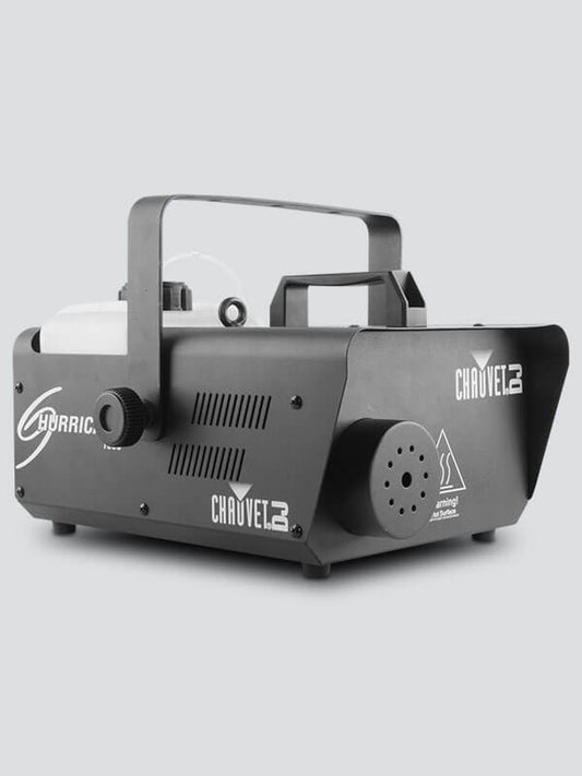 Chauvet DJ Hurricane 1600 high-output fog machine with DMX control and FCT remote, showcasing its design and features.