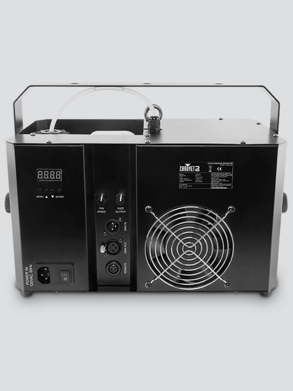 Chauvet DJ Hurricane Haze 4D haze machine with adjustable output and timer remote, showcasing the back view.
