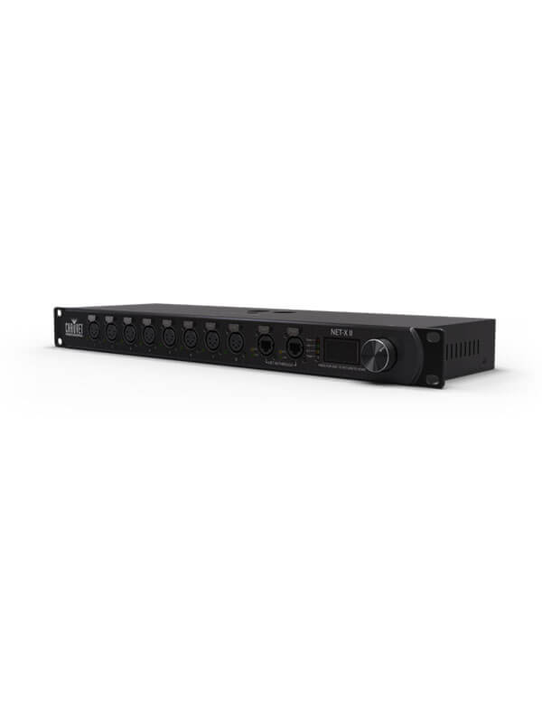 Chauvet DJ NET-X II, a versatile rack-mountable Ethernet-to-DMX node, displayed from the left side.