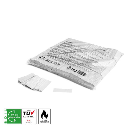 MAGICFX Slowfall Confetti Rectangles in white, measuring 55x17mm, designed to be biodegradable and flame retardant.