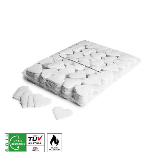 MAGICFX Slowfall Confetti Hearts in white, 55mm in diameter, biodegradable and flame retardant, displayed on a neutral background.